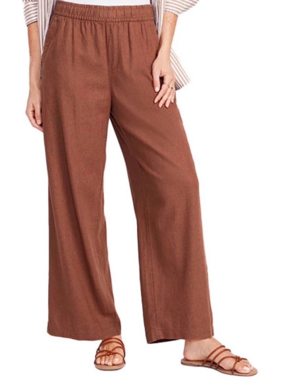 High-Waisted Linen-Blend Wide-Leg Pull on Pants M